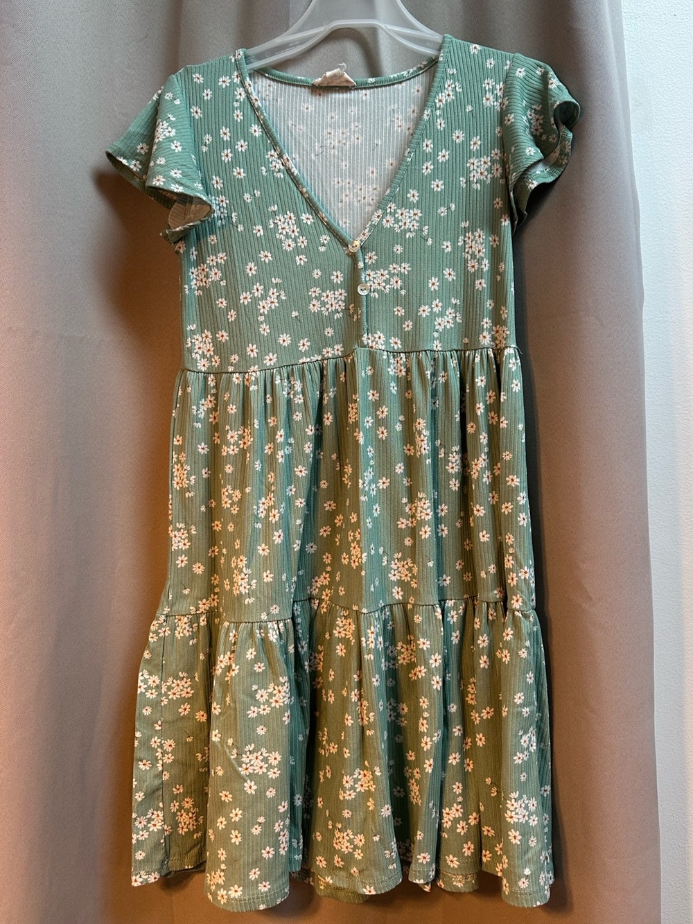 Cottagecore You Monday Sage Green Daisy Ribbed Babydoll Mini Dress M